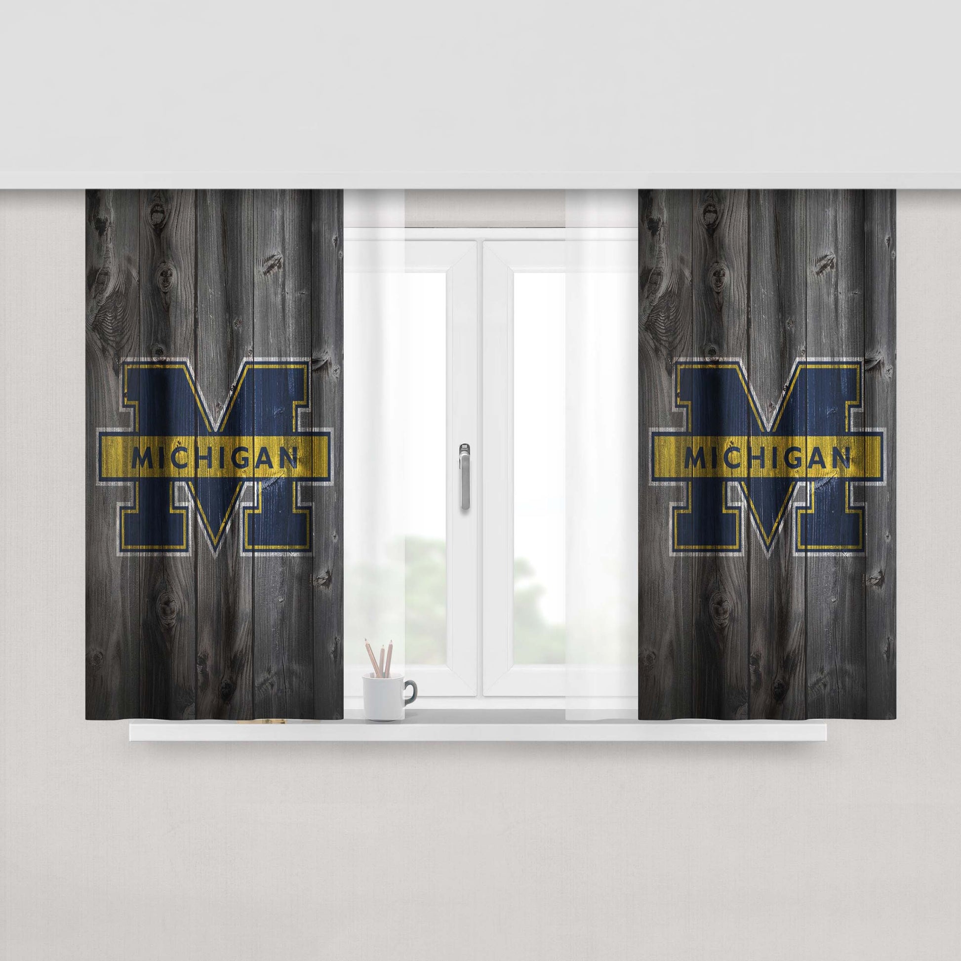 Michigan Wolverines University Logo Dark Wood Peach Skin Window Curtains