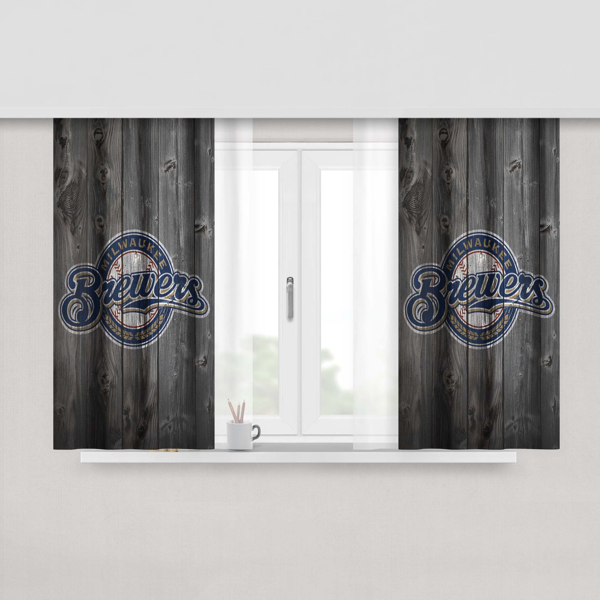 Milwaukee Brewers Mlb Logo Dark Wood Wallpaper Peach Skin Window Curtains