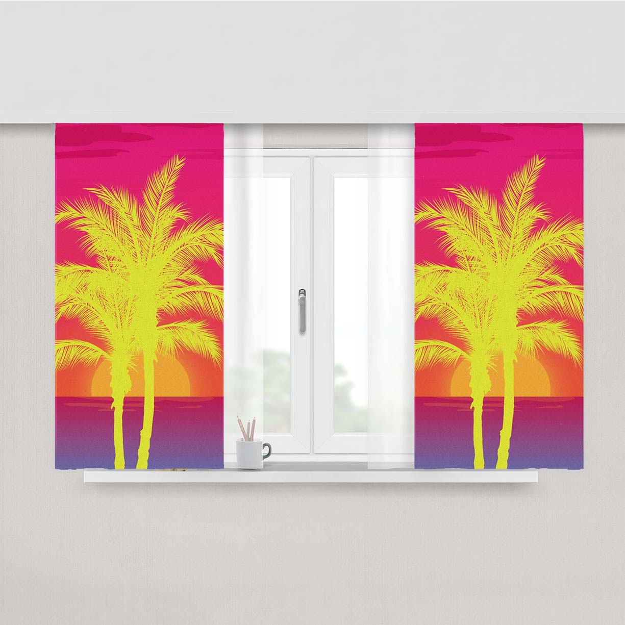 Neon Palm Trees X Island Sunset Peach Skin Window Curtains