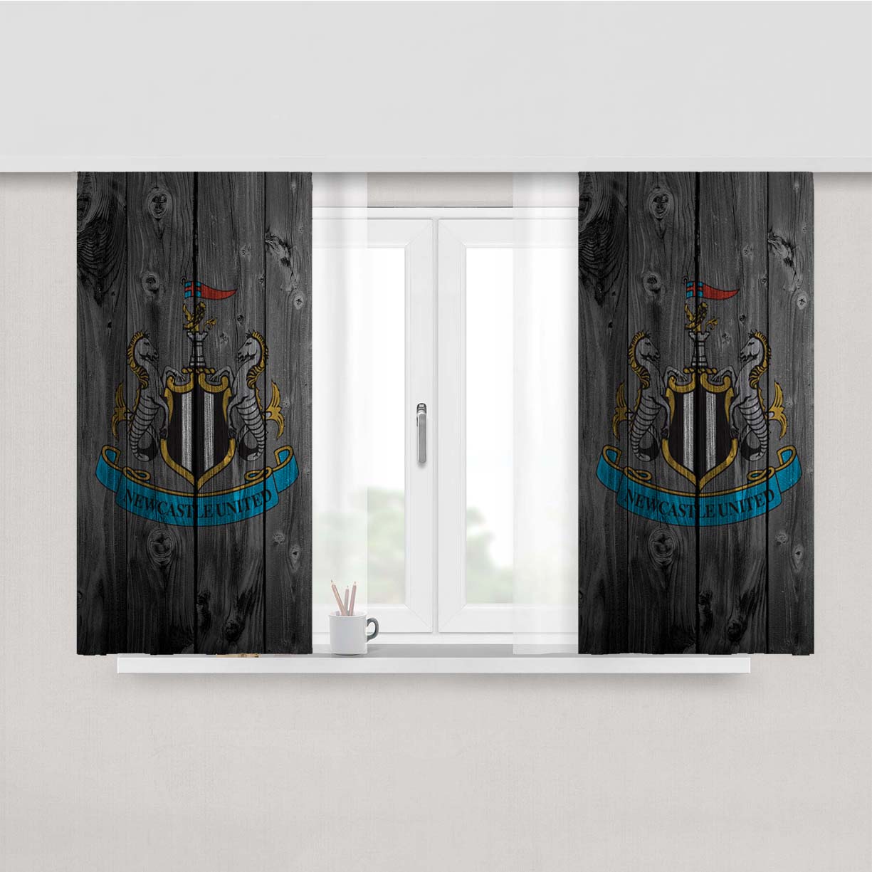 New Castle United Logo Dark Wood Wallpaper Peach Skin Window Curtains