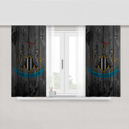 New Castle United Logo Dark Wood Wallpaper Peach Skin Window Curtains