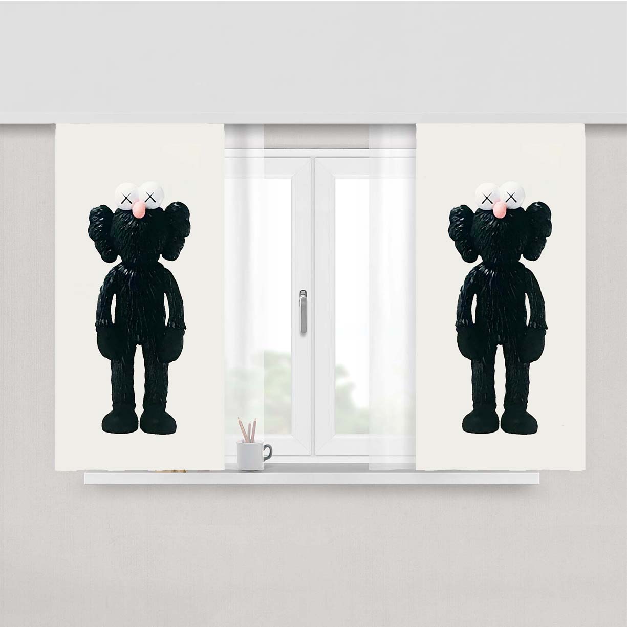 New York Kaws Black Sculpture Peach Skin Window Curtains