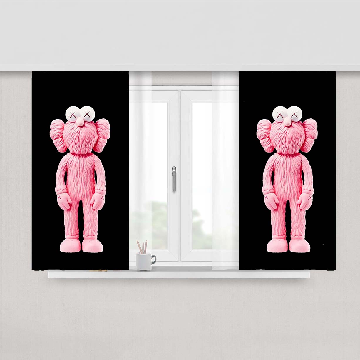 New York Kaws Pink Sculpture Peach Skin Window Curtains