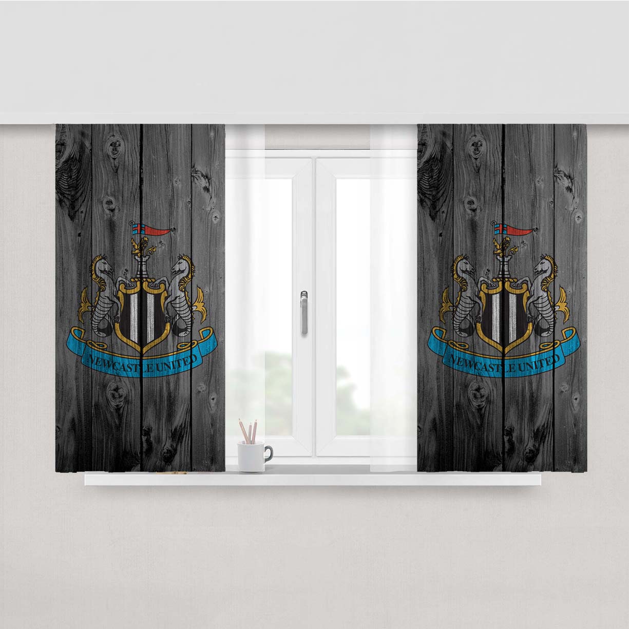 Newcastle United Soccer Logo Dark Wood Wallpaper Peach Skin Window Curtains