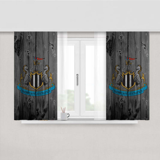 Newcastle United Soccer Logo Dark Wood Wallpaper Peach Skin Window Curtains