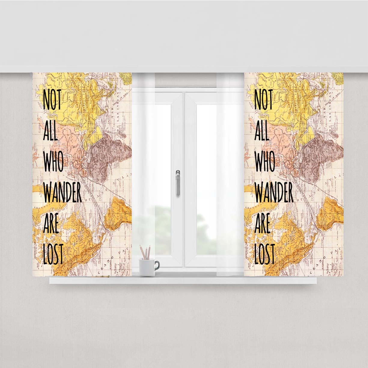 Not All Those Who Wander On Vintage Map Peach Skin Window Curtains