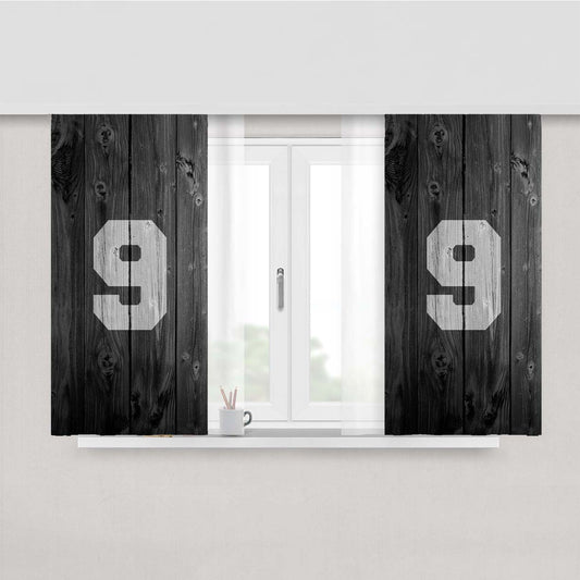 Number Nine Logo Dark Wood Wallpaper Peach Skin Window Curtains