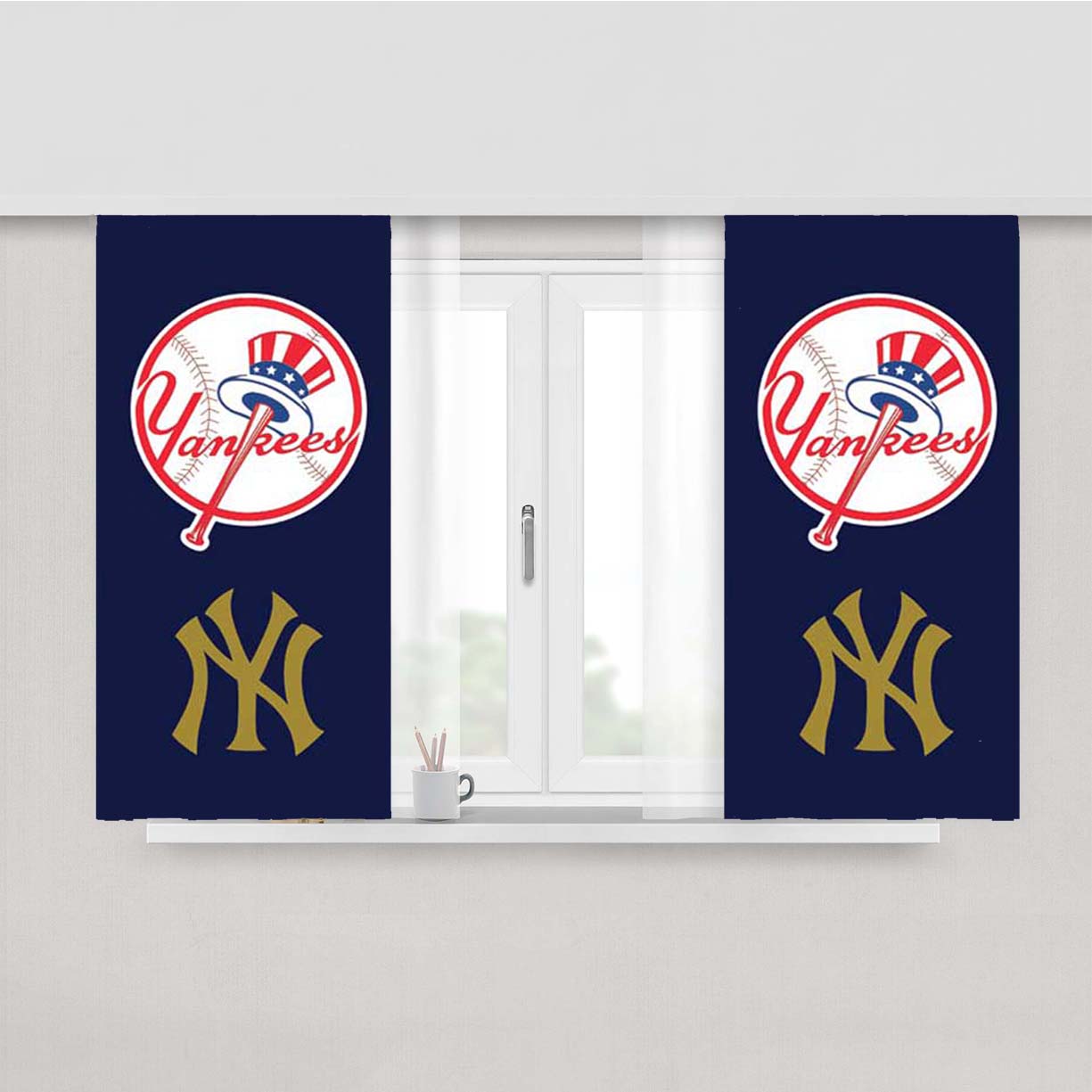 Ny Yankees Two Logos Peach Skin Window Curtains