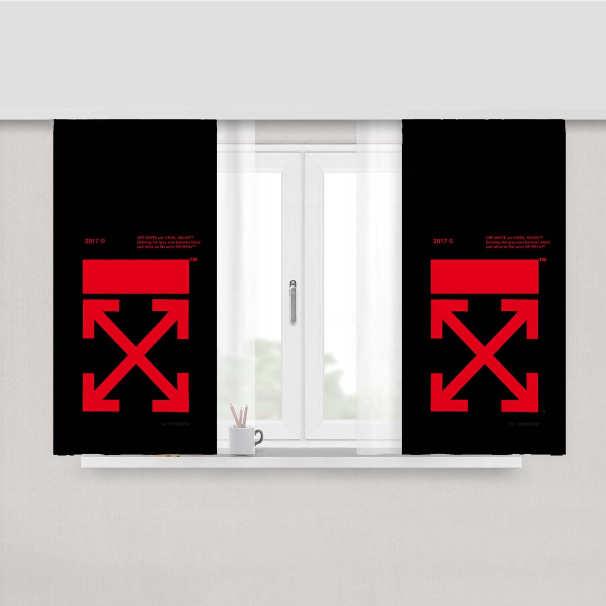 Off White Red Black Logo Wallpaper Peach Skin Window Curtains
