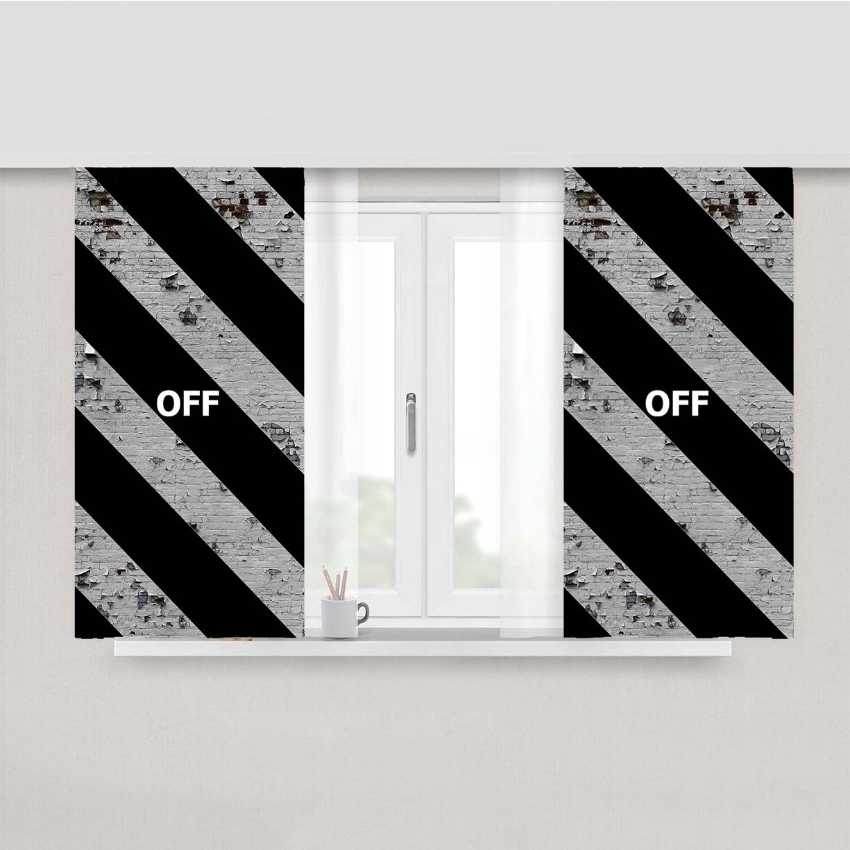 Off White Striped Brick Peach Skin Window Curtains