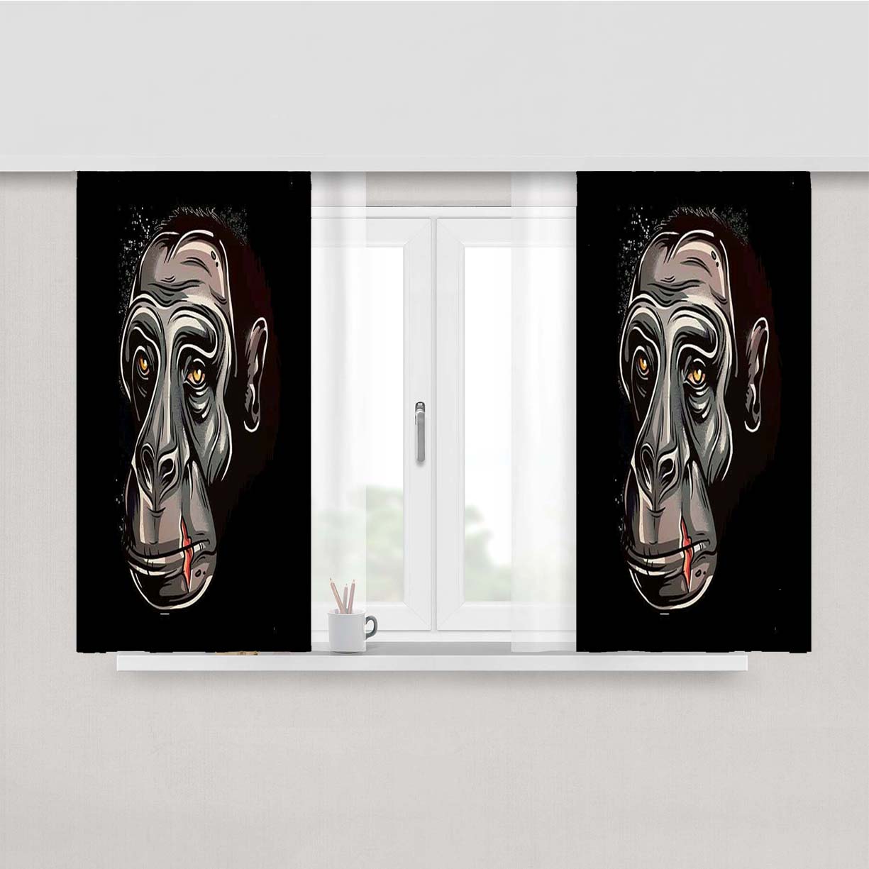 Old Man Monkes Art Peach Skin Window Curtains