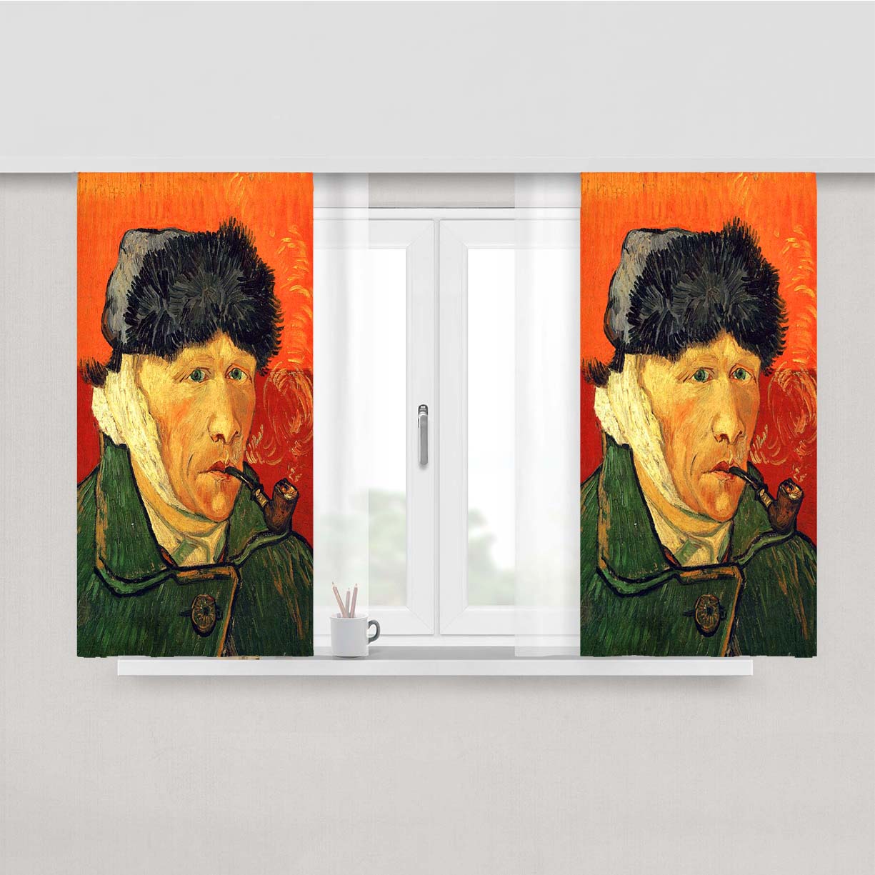 Old Man With Bandaged Ear Smoking Painting Vincent Van Gogh Peach Skin Window Curtains