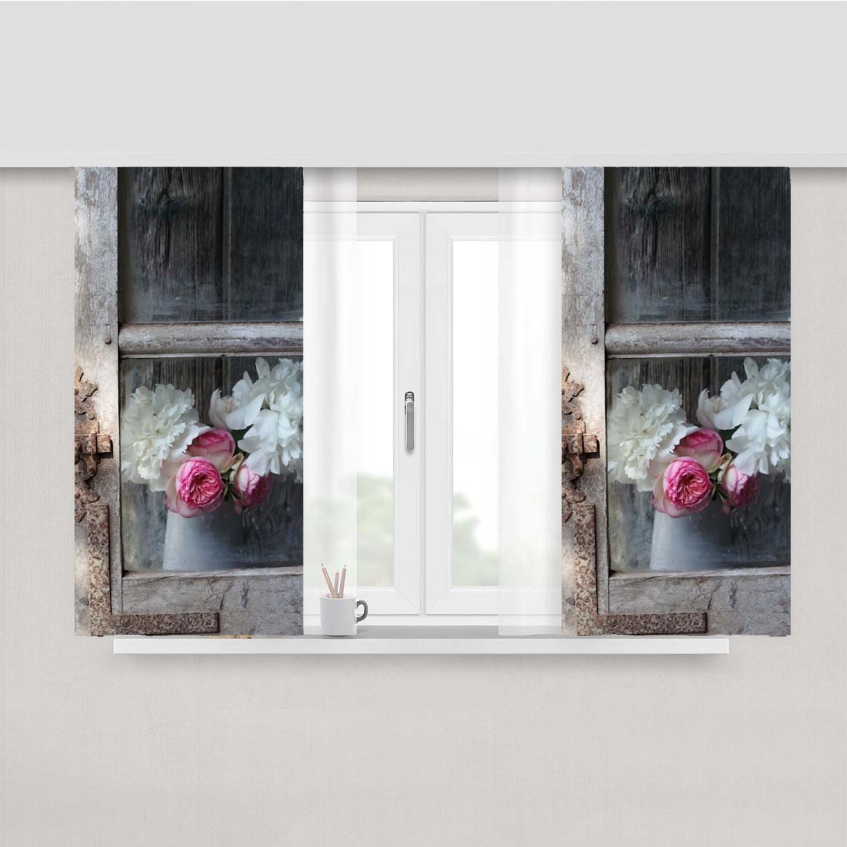 Old Window With Flowers Peach Skin Window Curtains