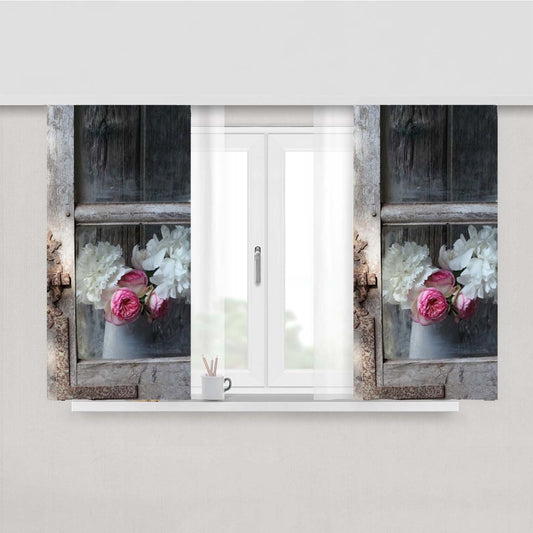 Old Window With Flowers Peach Skin Window Curtains