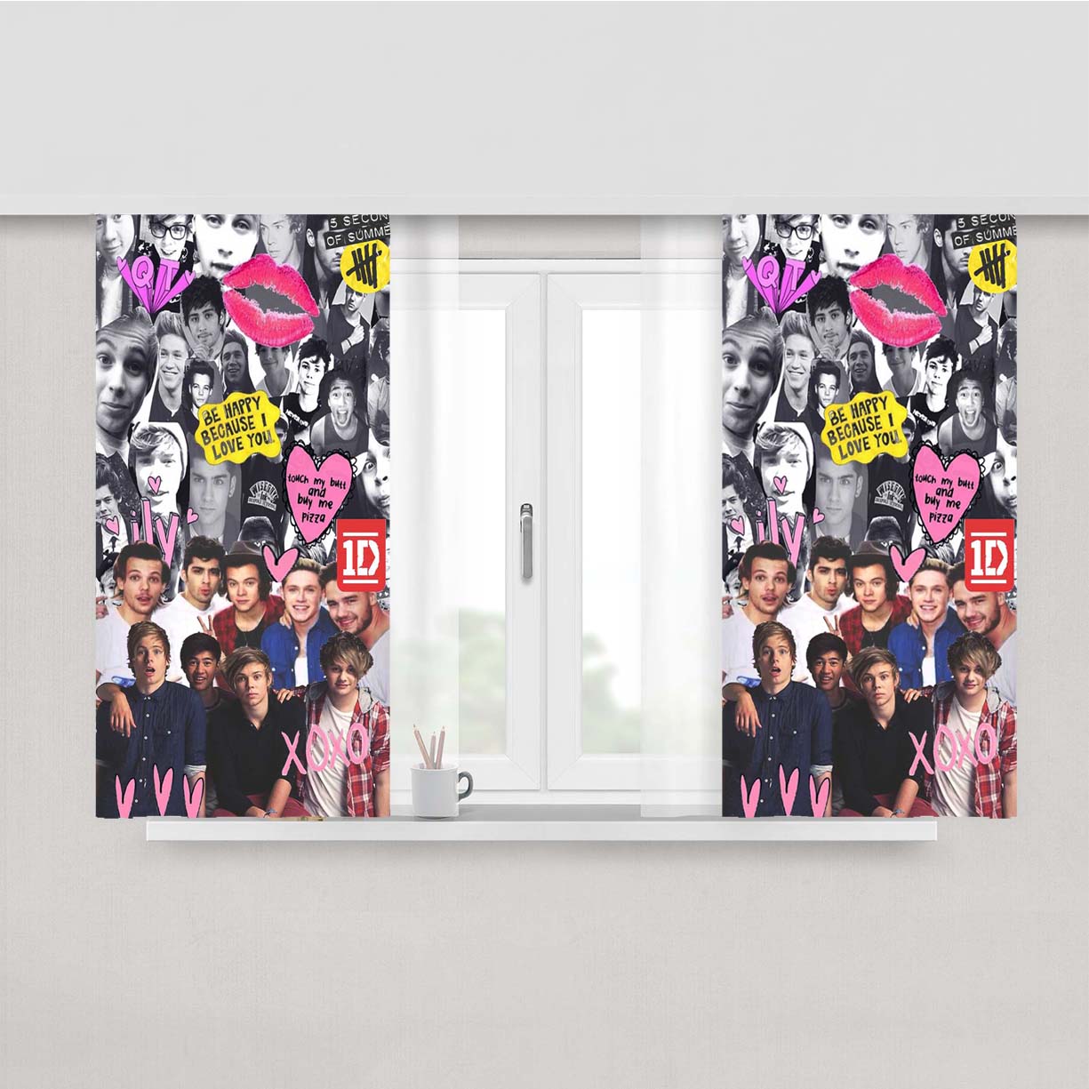 One Direction And Five Second Of Summer Collage Art Peach Skin Window Curtains