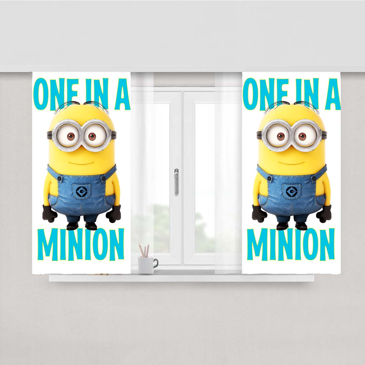 One In A Minion White Background Peach Skin Window Curtains