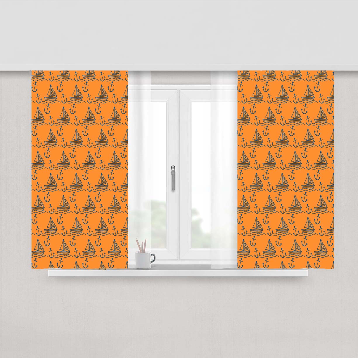 Orange Blue Sailor Ship Pattern Art Prints Peach Skin Window Curtains