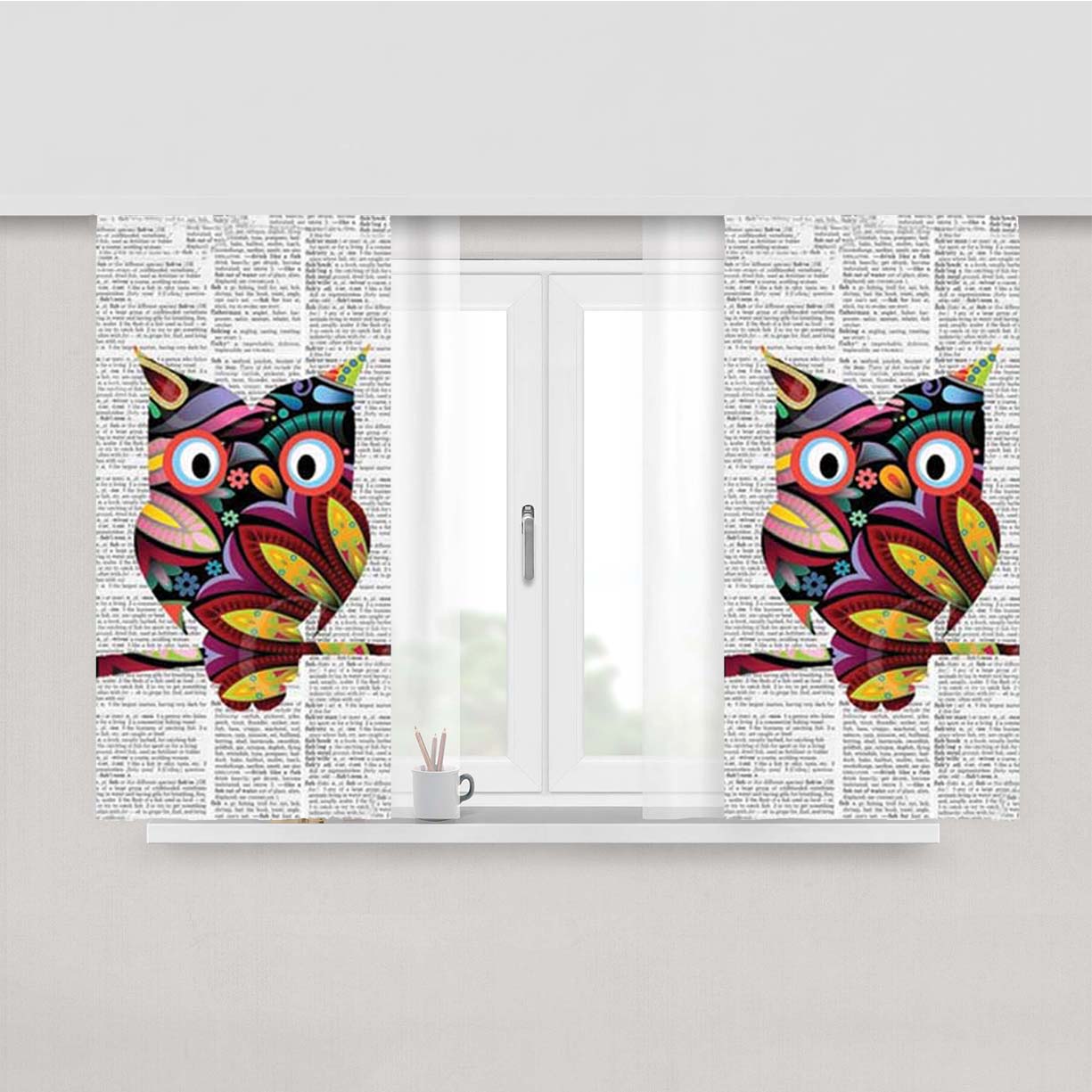 Owl Over Newsprint Peach Skin Window Curtains