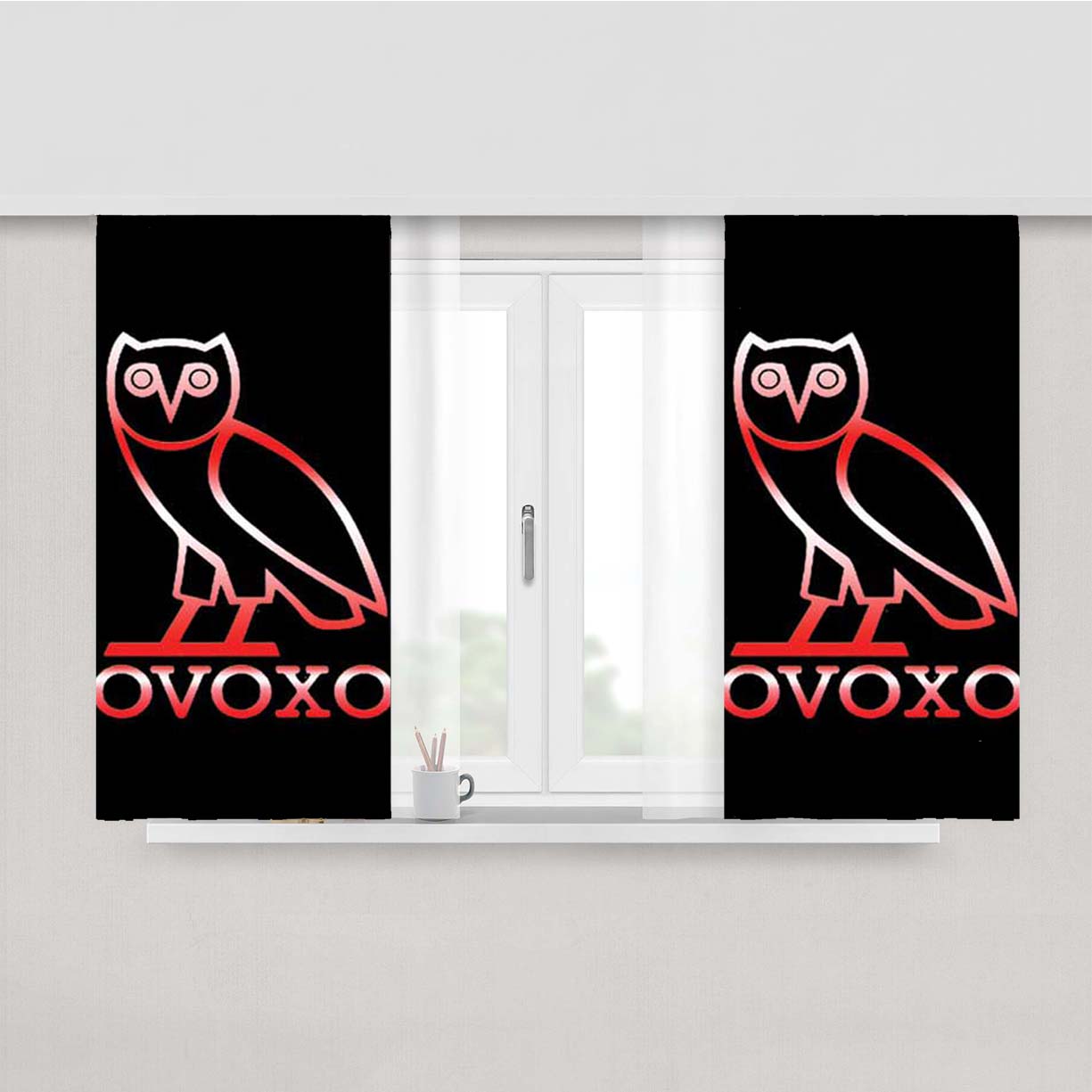 Owl Ovoxo Red Gradient Peach Skin Window Curtains