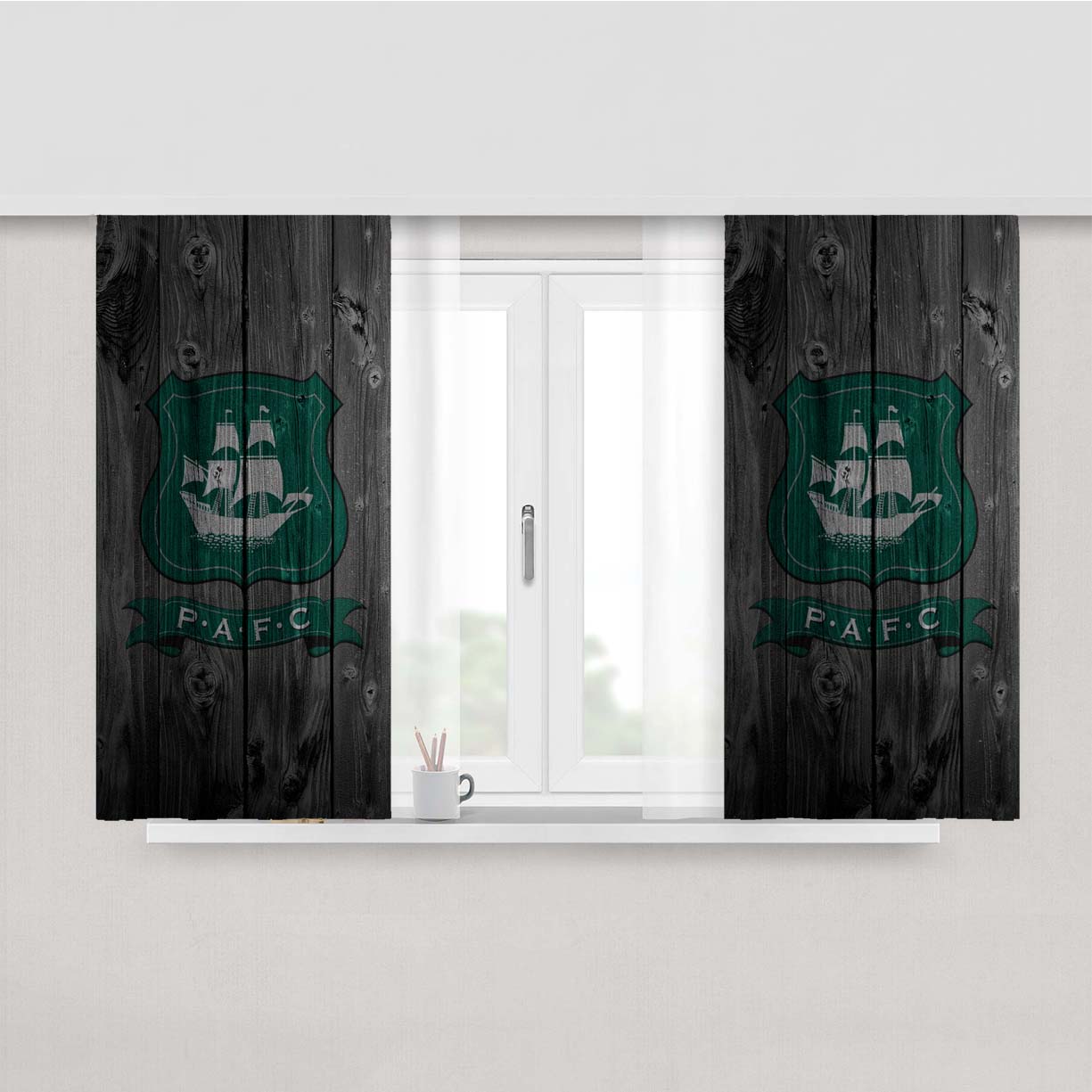 Pafc Plymouth Argyle Fc Soccer Logo Dark Wood Wallpaper Peach Skin Window Curtains