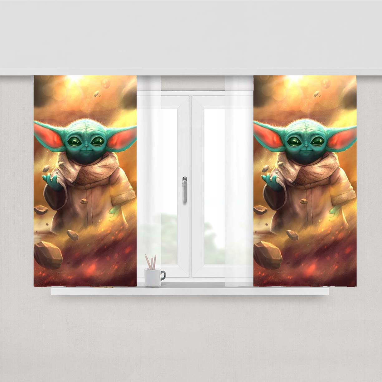 Painting Baby Yoda Art Peach Skin Window Curtains