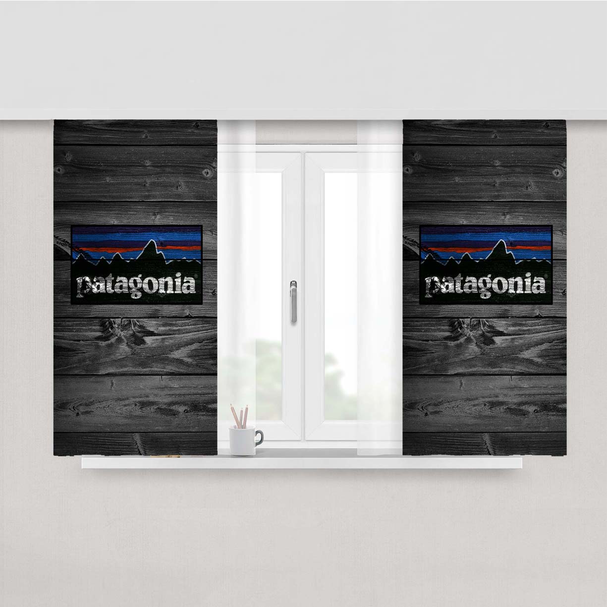 Pantagonia Logo Dark Wood Wallpaper Peach Skin Window Curtains