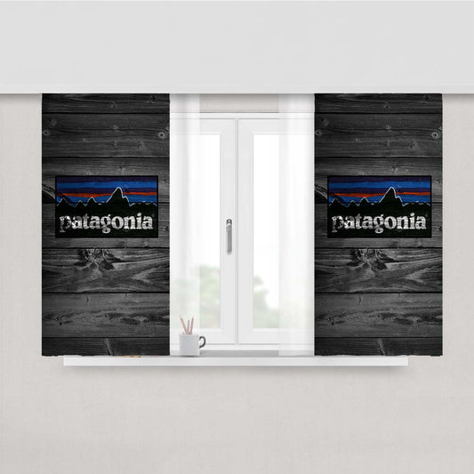 Pantagonia Logo Dark Wood Wallpaper Peach Skin Window Curtains