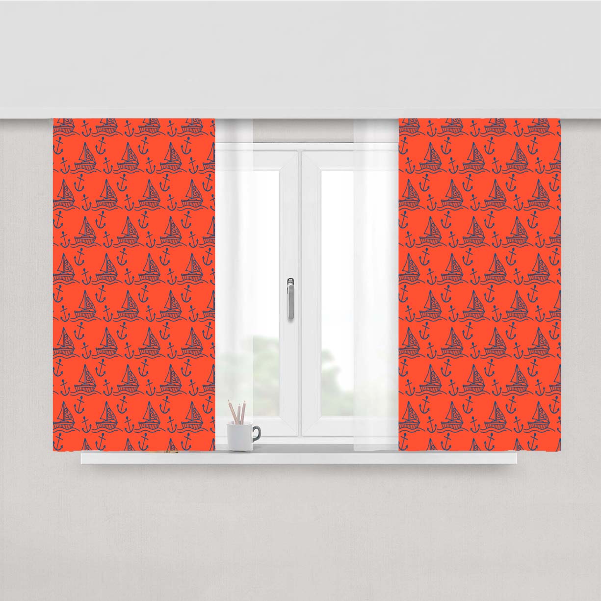 Peach Blue Sailor Ship Pattern Art Prints Peach Skin Window Curtains