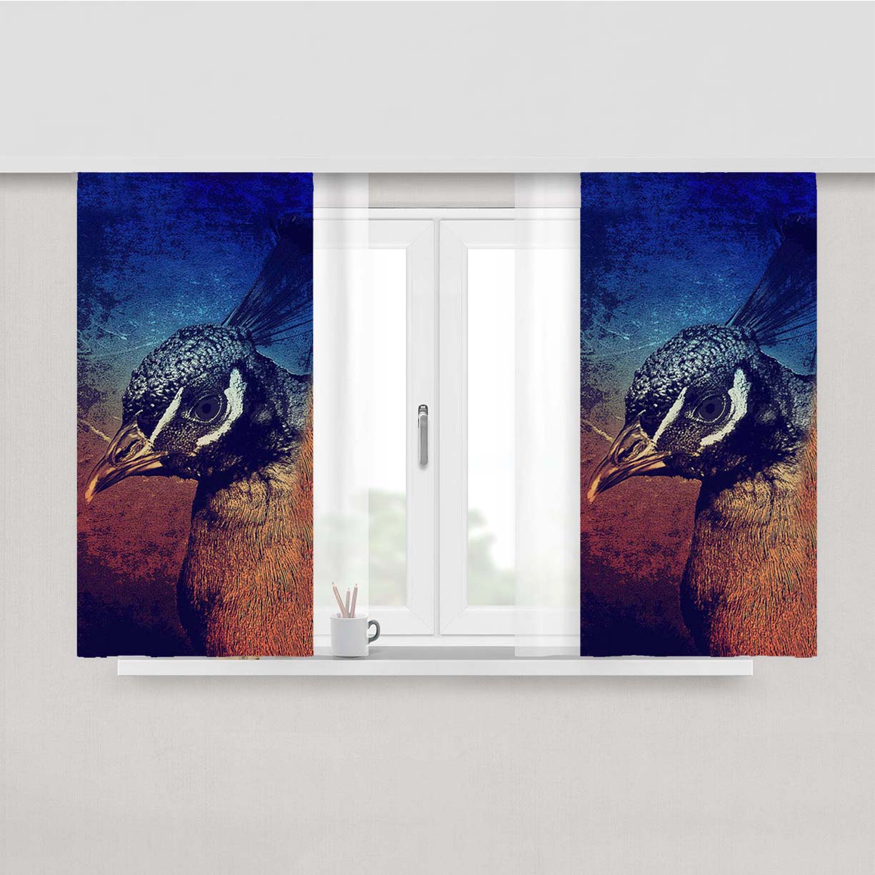 Peacock Design Art Illustration Peach Skin Window Curtains