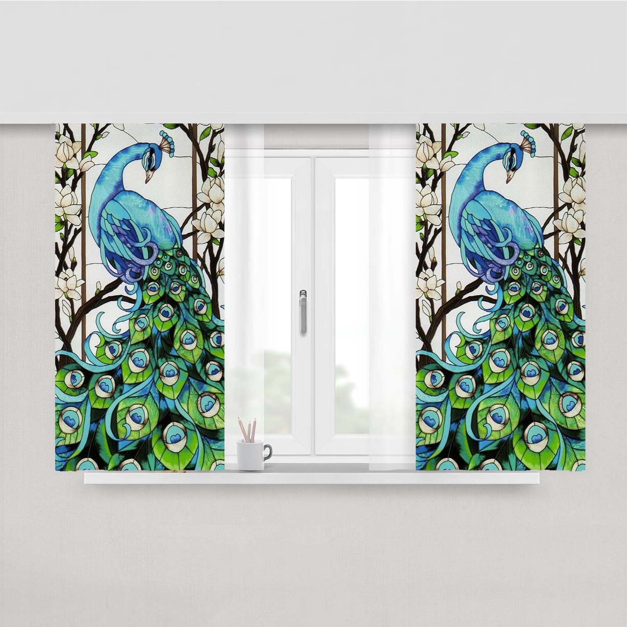 Peacock Stained Glasses Peach Skin Window Curtains