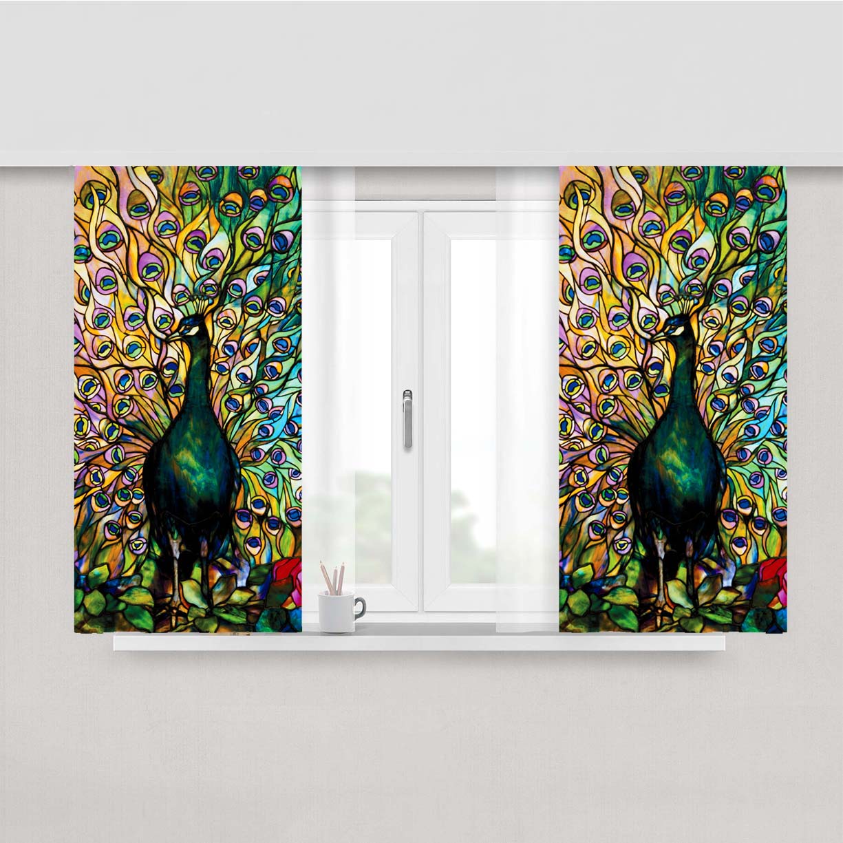 Peacock Tiffany Stained Glass Peach Skin Window Curtains