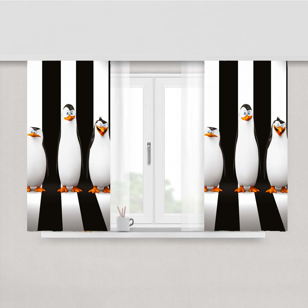 Penguins Of Madagascar Black White Striped Peach Skin Window Curtains