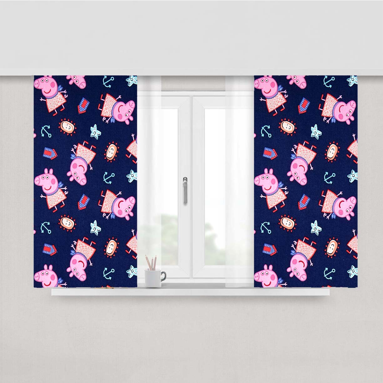 Peppa Pig Anchor Navy Doodle Peach Skin Window Curtains