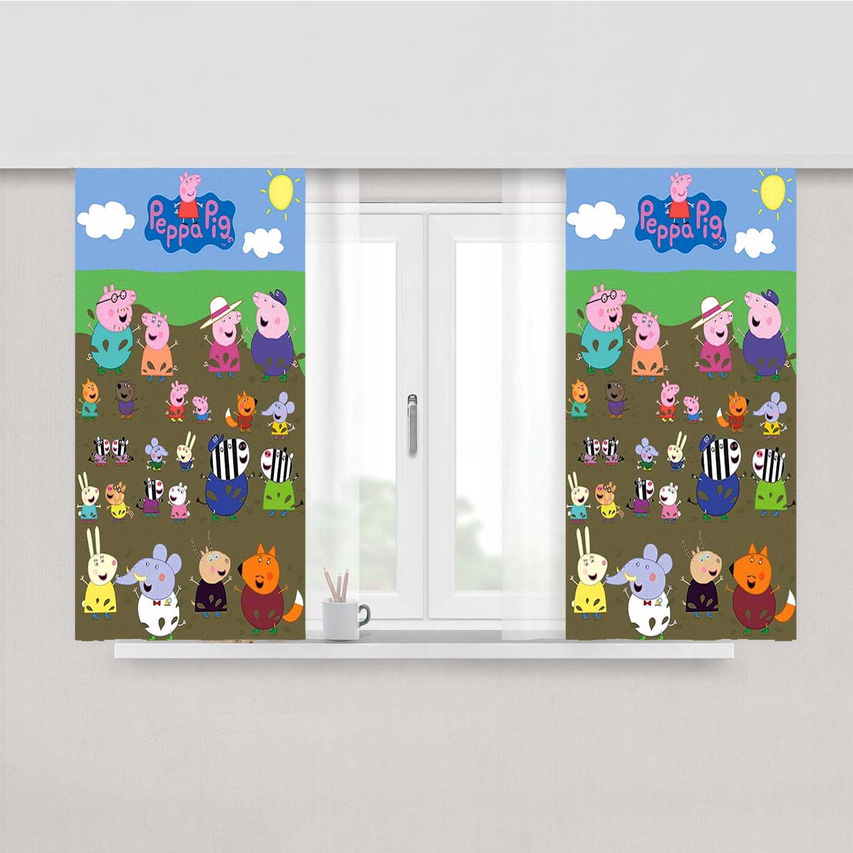 Peppa Pig Character In The Rice Field Peach Skin Window Curtains