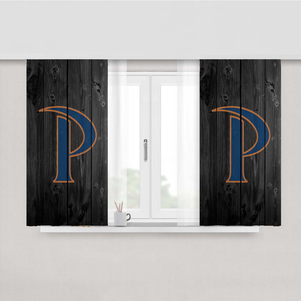 Pepperdine Waves University Logo Dark Wood Wallpaper Peach Skin Window Curtains