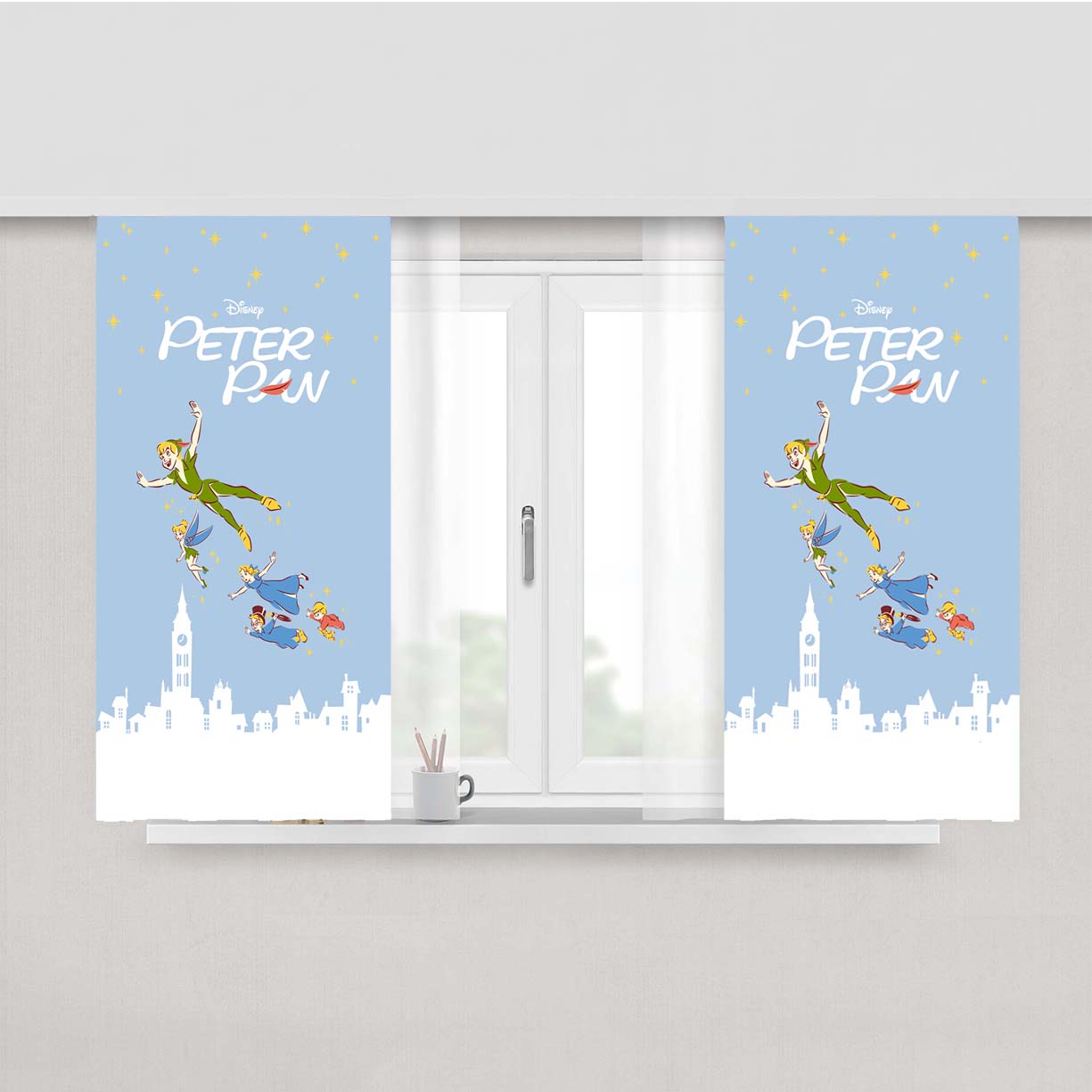 Peter Pan And Friends Flying Above New York Peach Skin Window Curtains