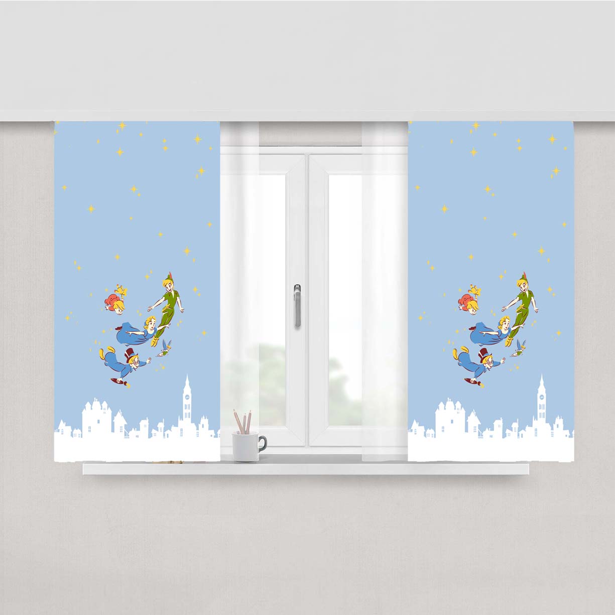 Peter Pan And Friends Flying Above New York Wallpaper Peach Skin Window Curtains