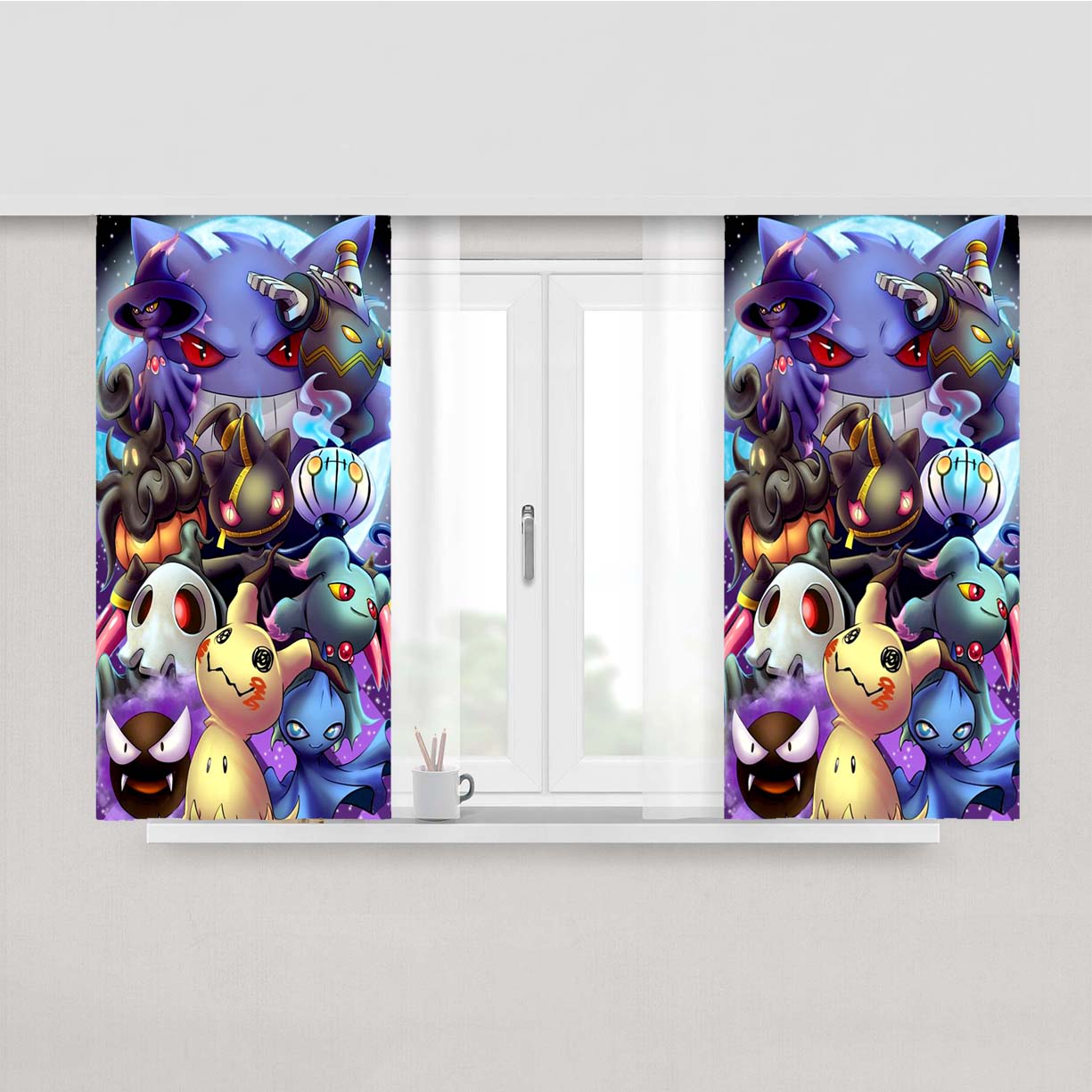 Pikachu And Pokemon Night Doodle Peach Skin Window Curtains