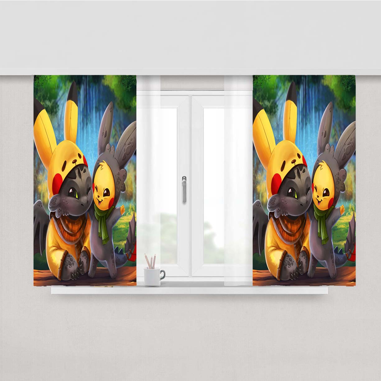 Pikachu And Toothless Peach Skin Window Curtains