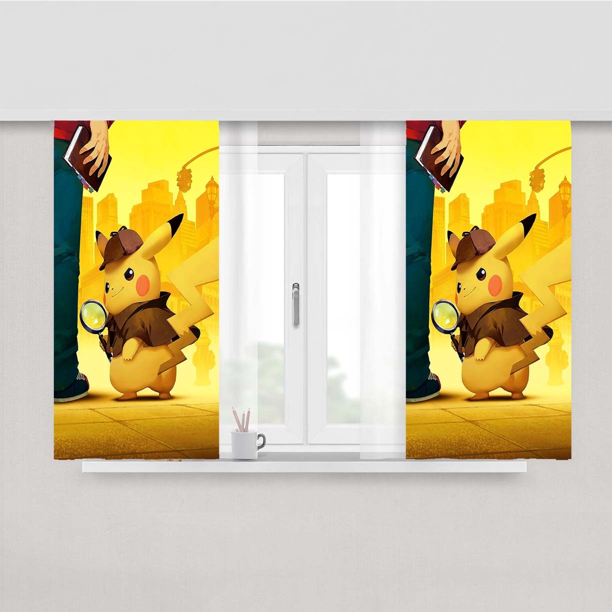 Pikachu Detective Cartoon Movie Peach Skin Window Curtains