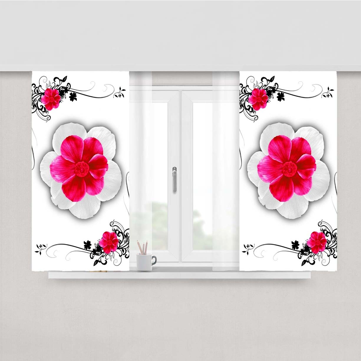 Pink White Flower Peach Skin Window Curtains