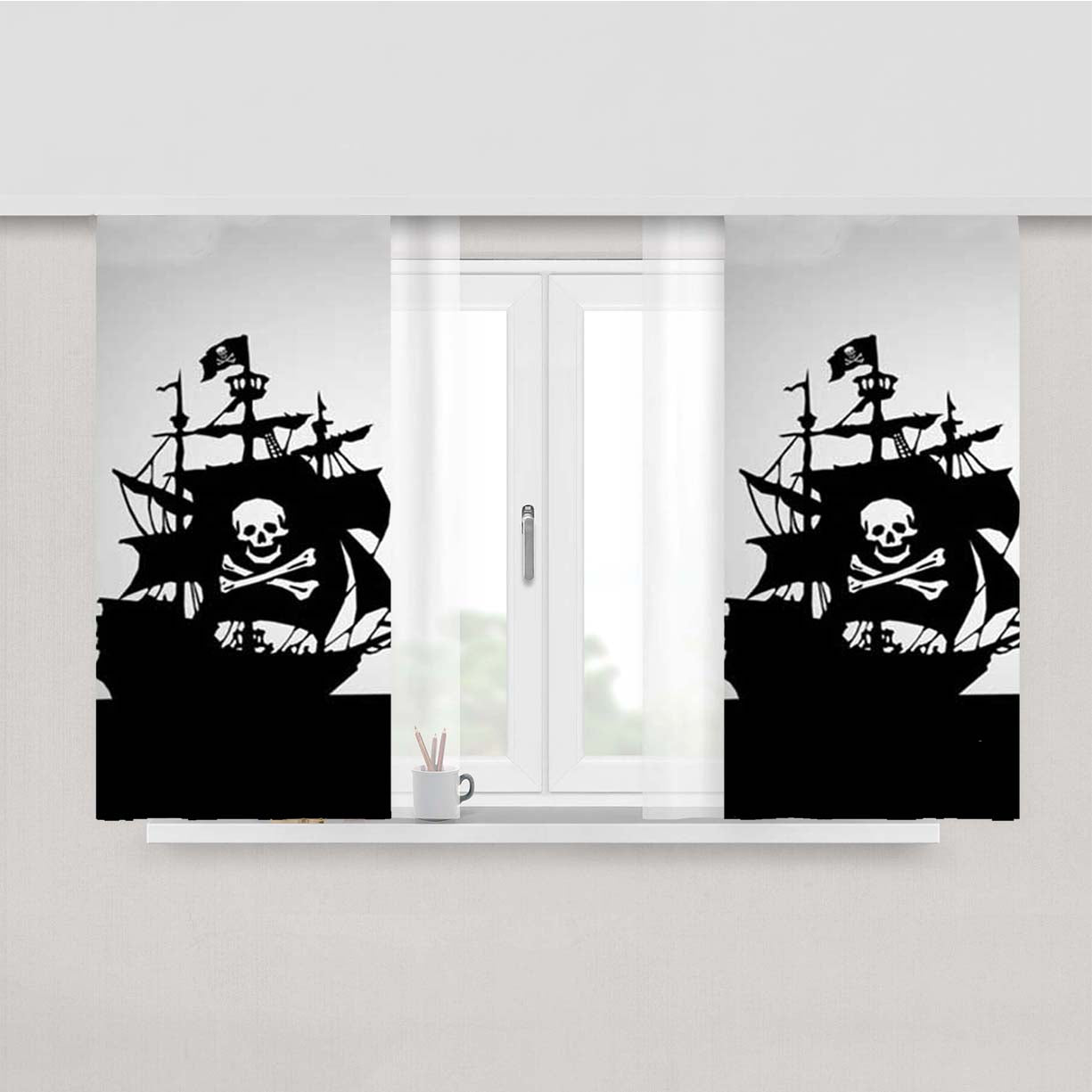 Pirate Ship Silhouette Peach Skin Window Curtains