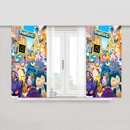 Pokemon All Character In The City Peach Skin Window Curtains