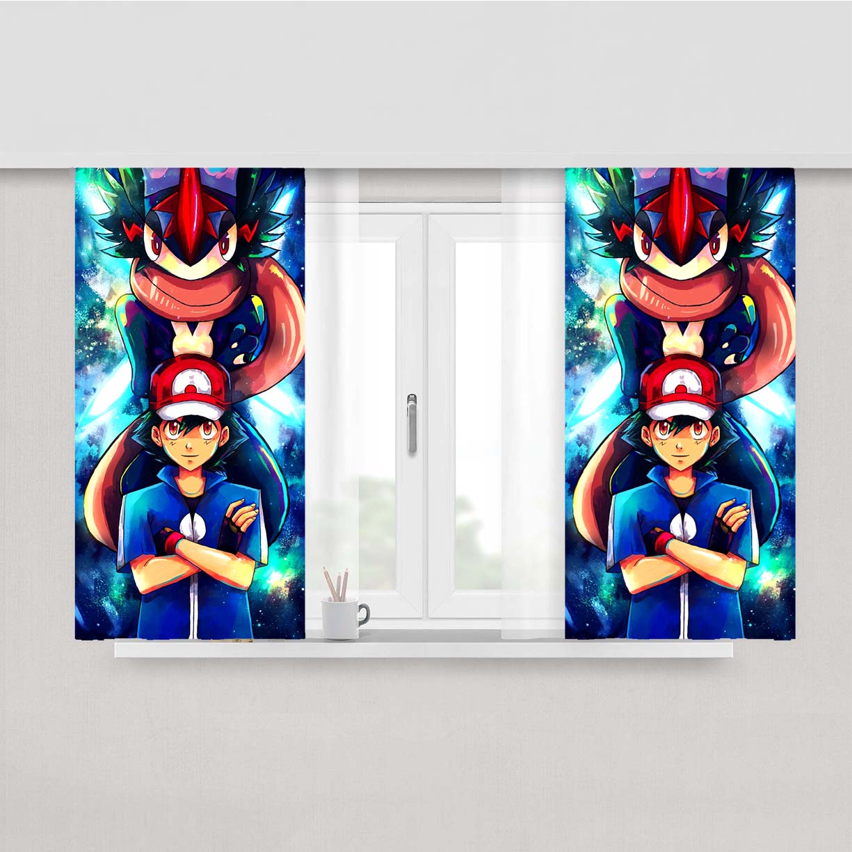 Pokemon And Ash Peach Skin Window Curtains