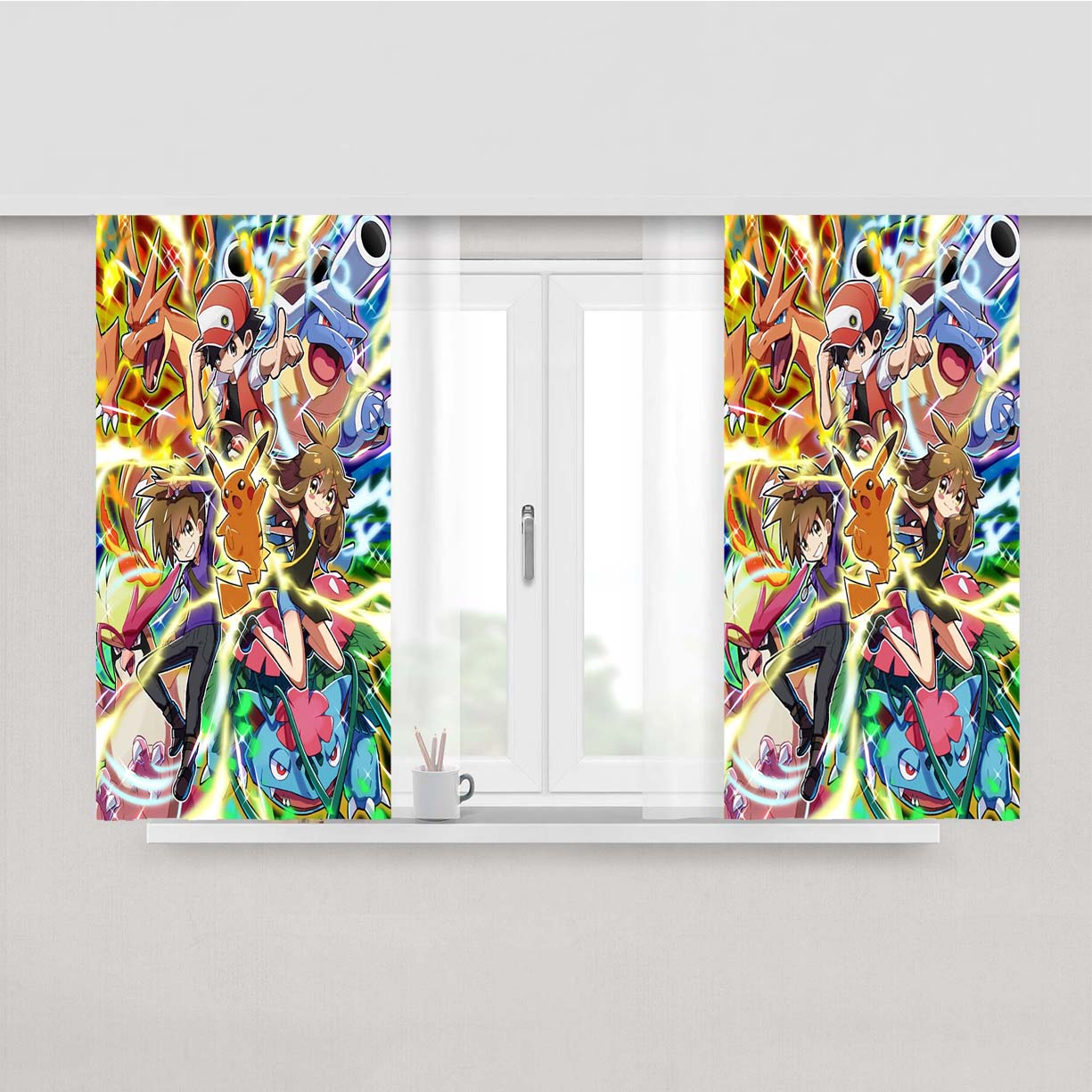 Pokemon Charizard And Ash Red Peach Skin Window Curtains