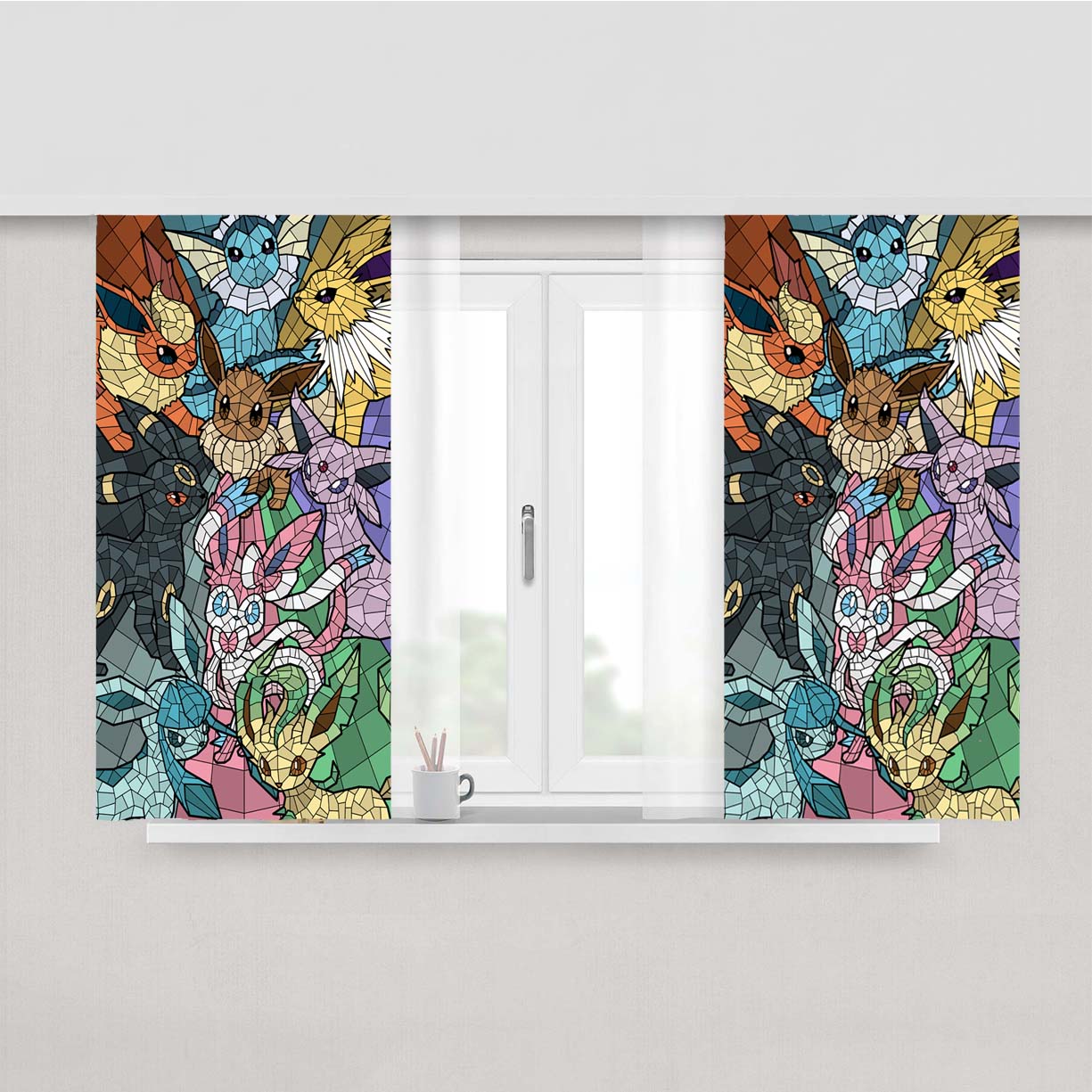 Pokemon Stained Glass Eevee Evolutions Peach Skin Window Curtains
