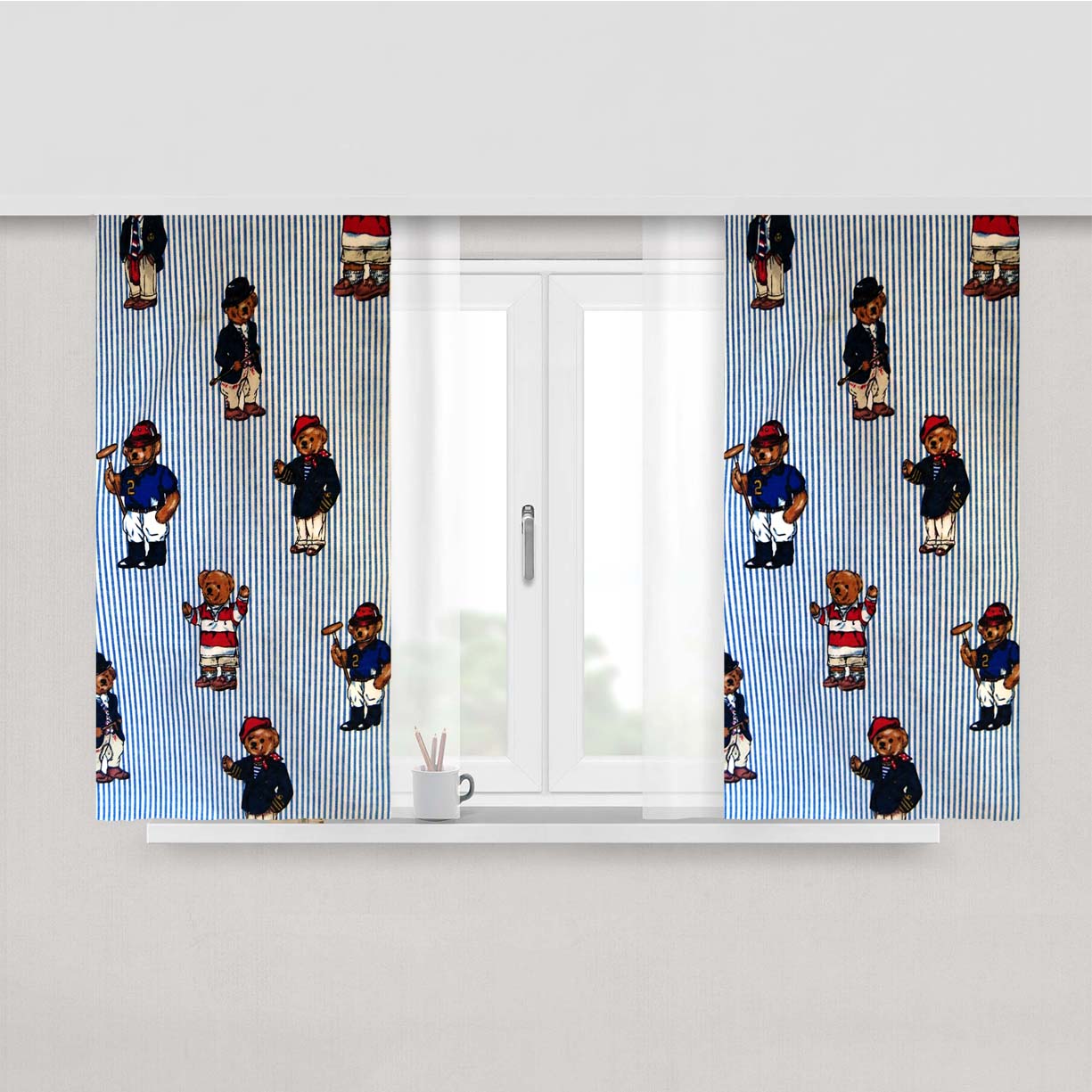 Polo Bear Linen Blue White Collection Peach Skin Window Curtains
