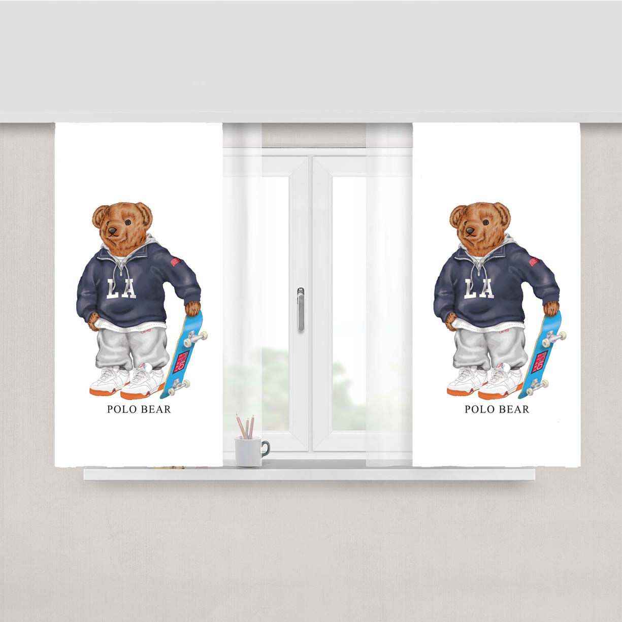 Polo Bear Skateboarding Peach Skin Window Curtains