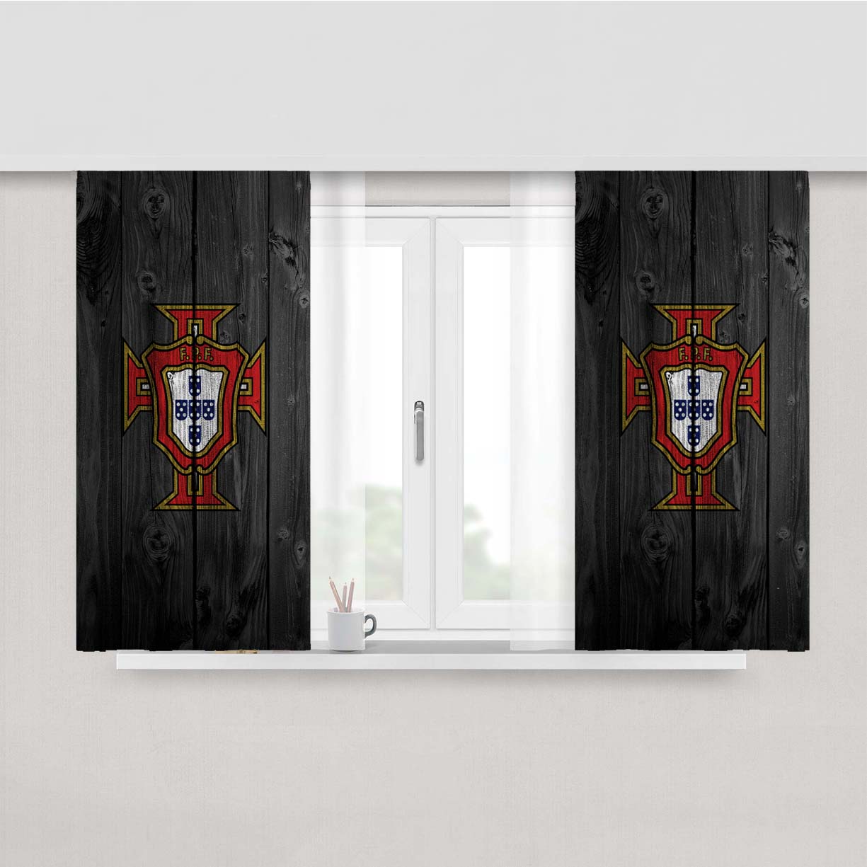 Portugal National Team Logo Dark Wood Wallpaper Peach Skin Window Curtains