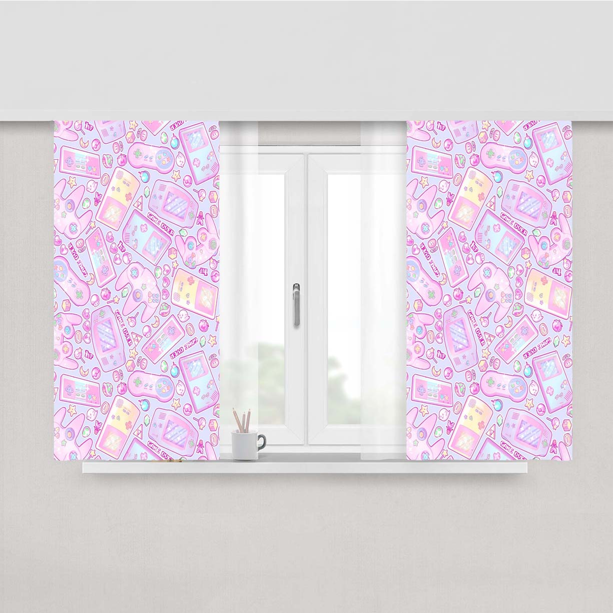 Power Up Pink Gameboy Peach Skin Window Curtains